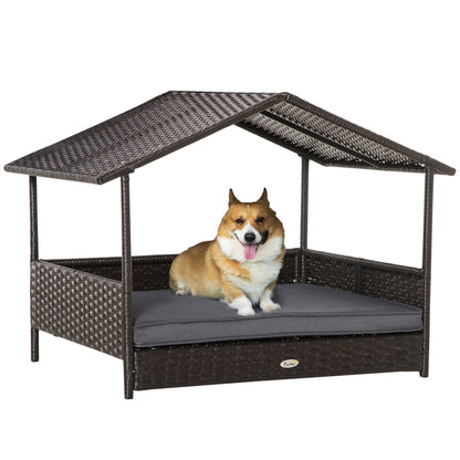 سرير للكلاب من PawHut Rattan Dog House، سرير مرتفع من الخيزران للحيوانات الأليفة مع وسادة قابلة للإزالة ومظلة، للكلاب الصغيرة والمتوسطة، 98 × 69 × 73 سم - رمادي