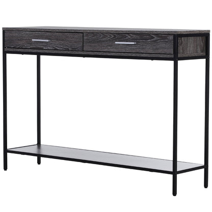 Industrial Console Table Narrow Worktop with Bottom Shelf & Two Drawers Grey Wood