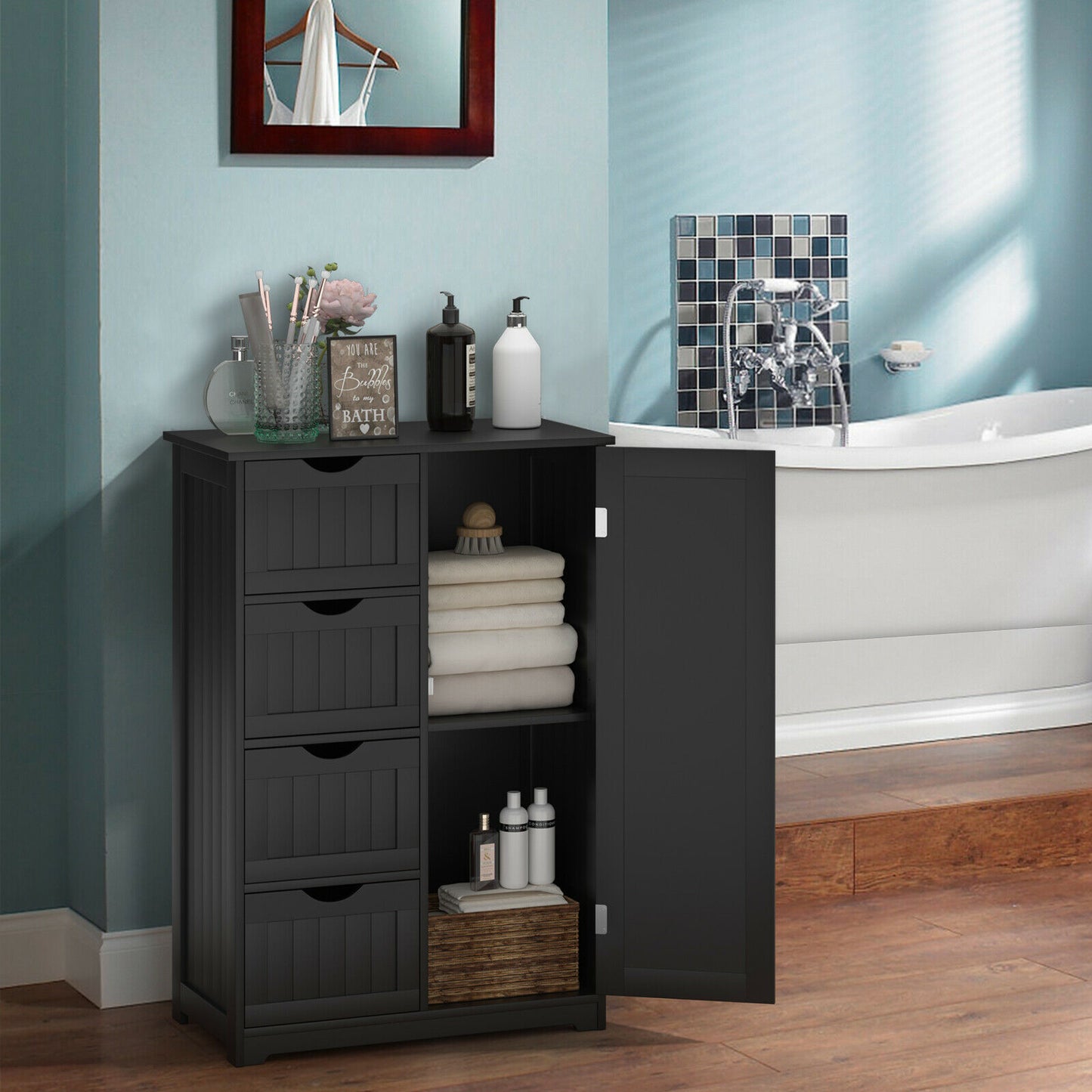 Freestanding Storage Cupboard with Adjustable Shelf and Drawers