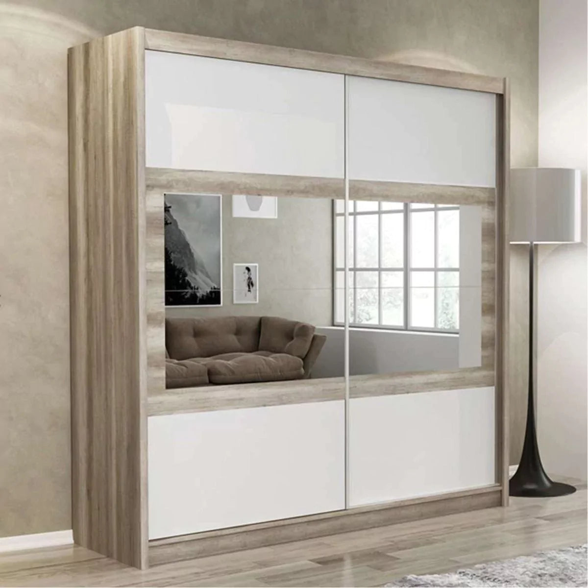 Windsor Sliding Door Mirror 203cm Wardraobe - Grey and Oak Canyon