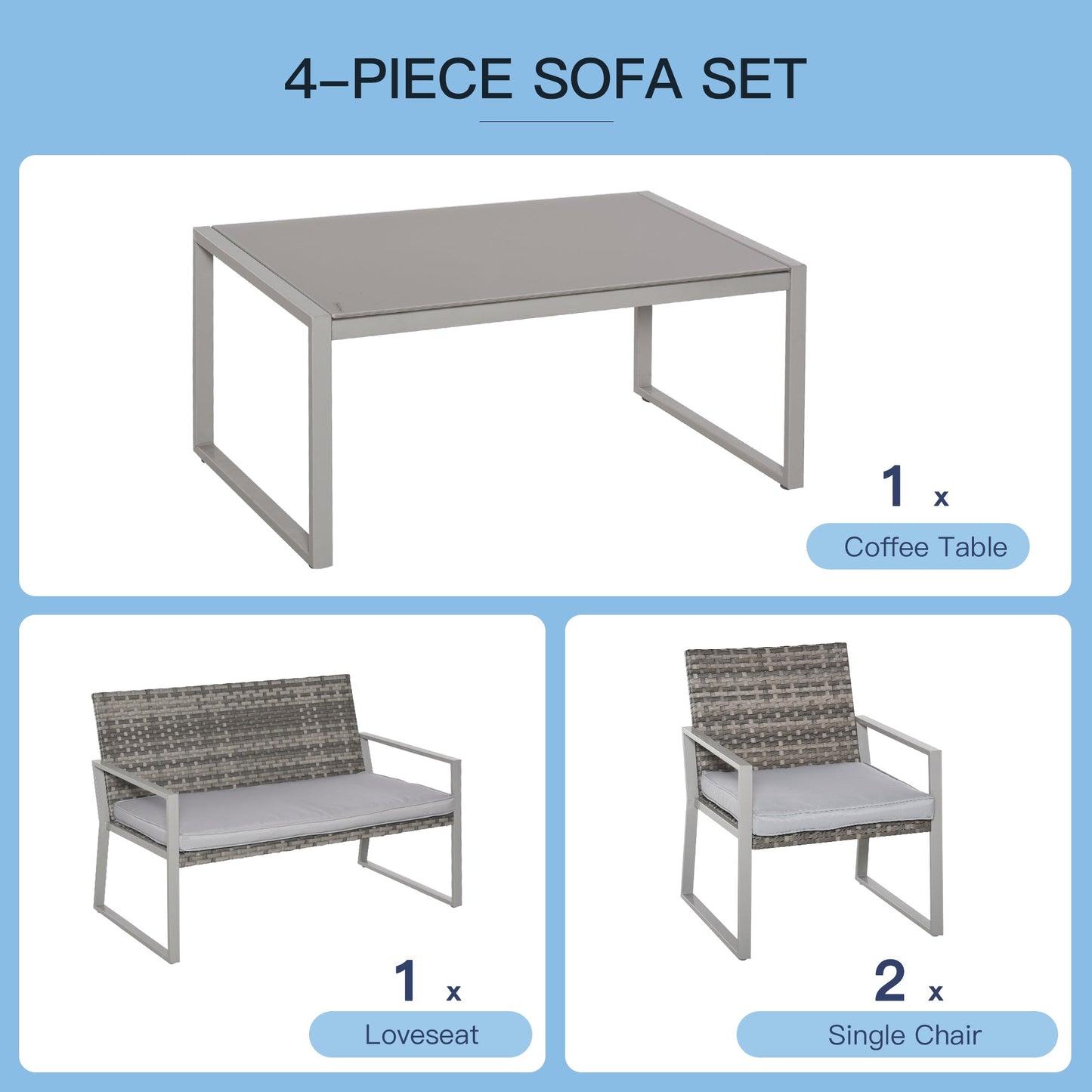 Outsunny 4 Seater Rattan Set 2 Single Sofa Armchairs and 1 Bench with Cushions & Coffee Table - Mixed Grey