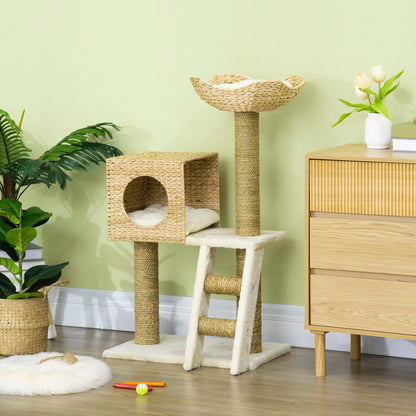 PawHut Cat Tree for Indoor Cats Kitten Tower Cattail Weave with Scratching Posts, Cat House, Bed， Washable Cushions Natural, 57 x 37 x 100.5 cm