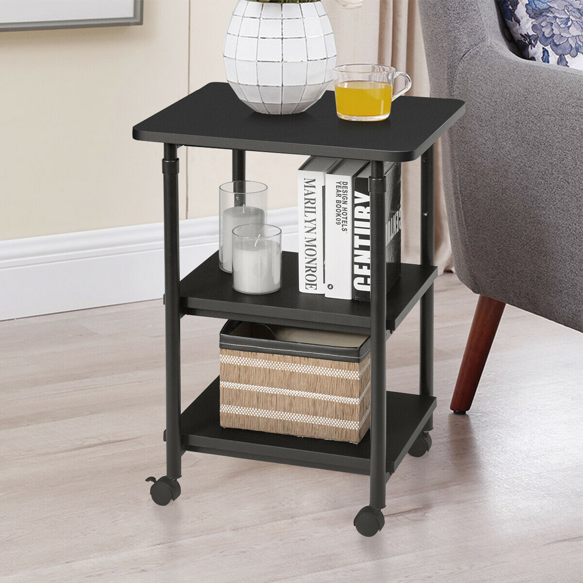3 Tier Height Adjustable Printer Stand / Wheeled Occasional Table-Black