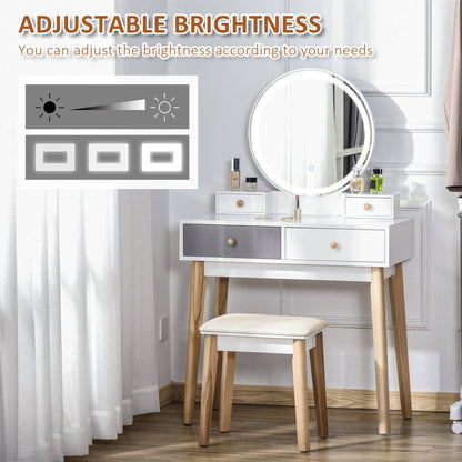 HOMCOM Dressing Table Set with Mirror, Built-in 3 Color LED Light, Vanity Makeup Table with 4 Drawers and Cushioned Stool for Bedroom, Grey