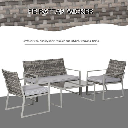 Outsunny 4 Seater Rattan Set 2 Single Sofa Armchairs and 1 Bench with Cushions & Coffee Table - Mixed Grey