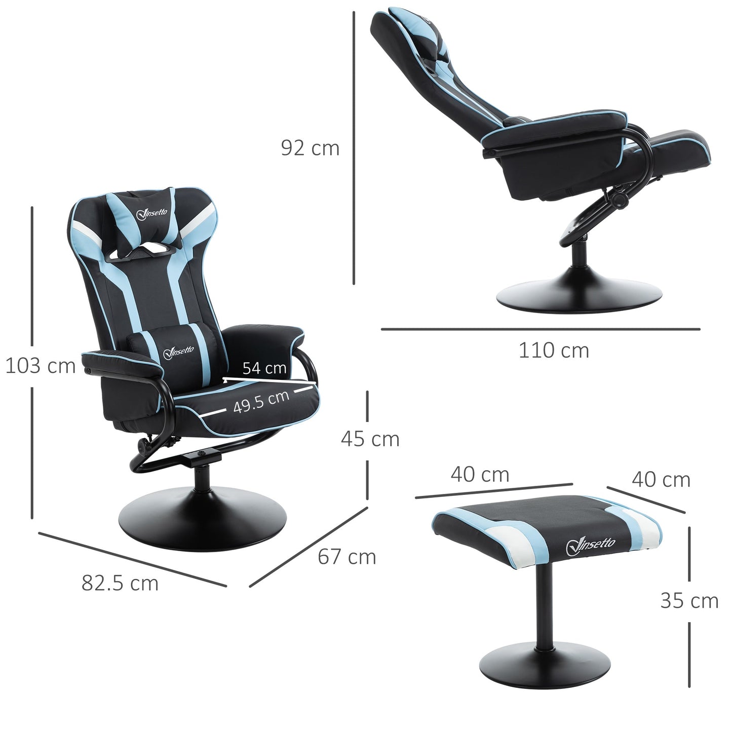 Vinsetto 2 Pieces Video Game Chair and Footrest Set, Racing Style Recliner with Headrest, Lumbar Support, Pedestal Base for Home Office, Lake Blue