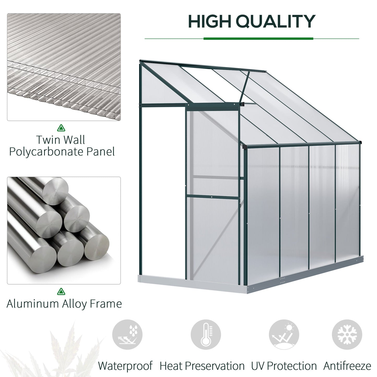 Walk-In Lean to Greenhouse Garden Heavy Duty Aluminium Polycarbonate with Roof Vent for Plants Herbs Vegetables, Green, 253 x 127 x 220 cm