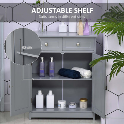 kleankin 75x60cm Freestanding Bathroom Storage Cabinet Unit w/ 2 Drawers Cupboard Adjustable Shelf Metal Handles Traditional Style Grey w/2