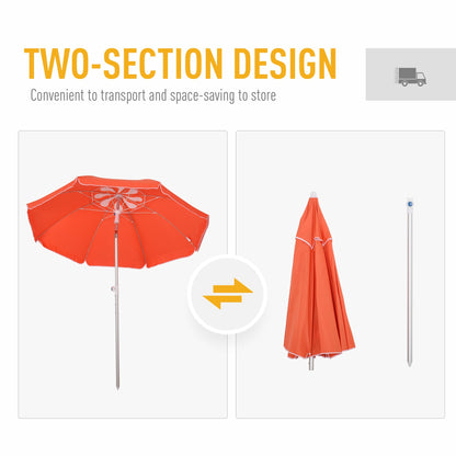 Outsunny 2m Arced Beach Umbrella, Portable Parasol with 3-Angle Tilting Function, Carry Bag, Outdoor Sunshade Shelter with 8 Fibreglass Ribs, Orange