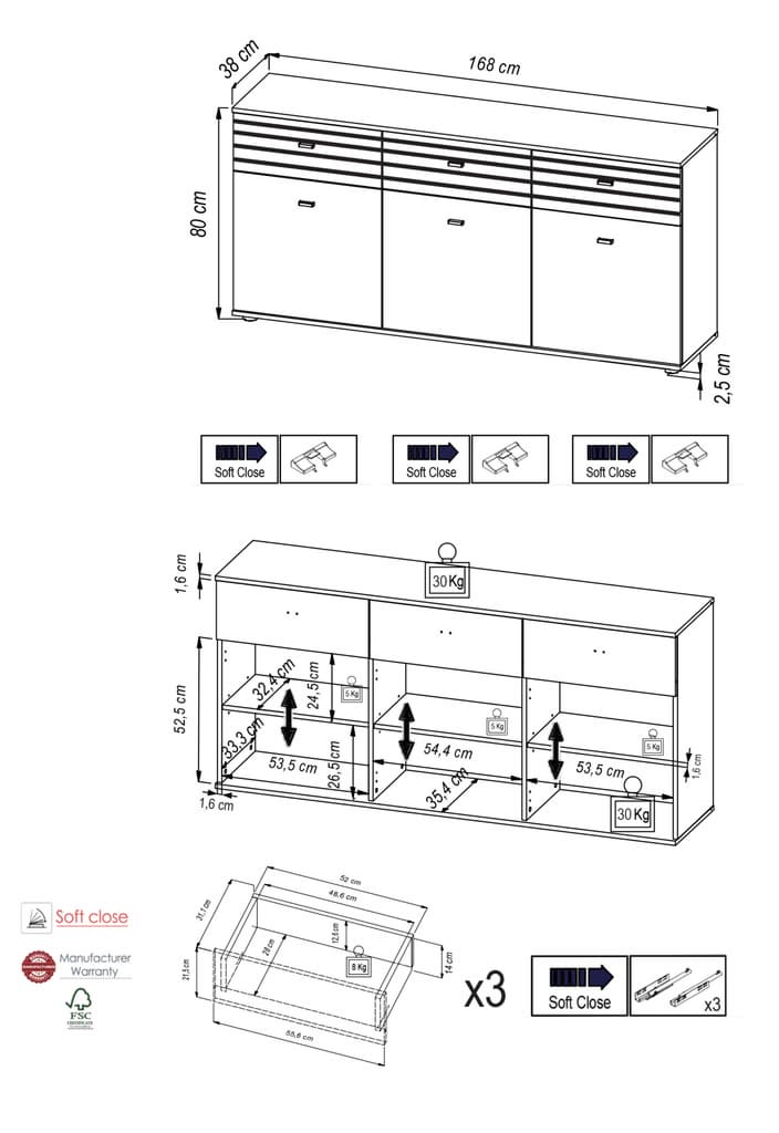 Solea 84 Sideboard Cabinet 168cm