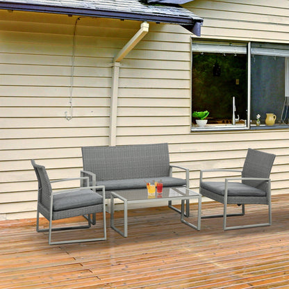 Outsunny 4 Seater Rattan Set 2 Single Sofa Armchairs and 1 Bench with Cushions & Coffee Table - Grey