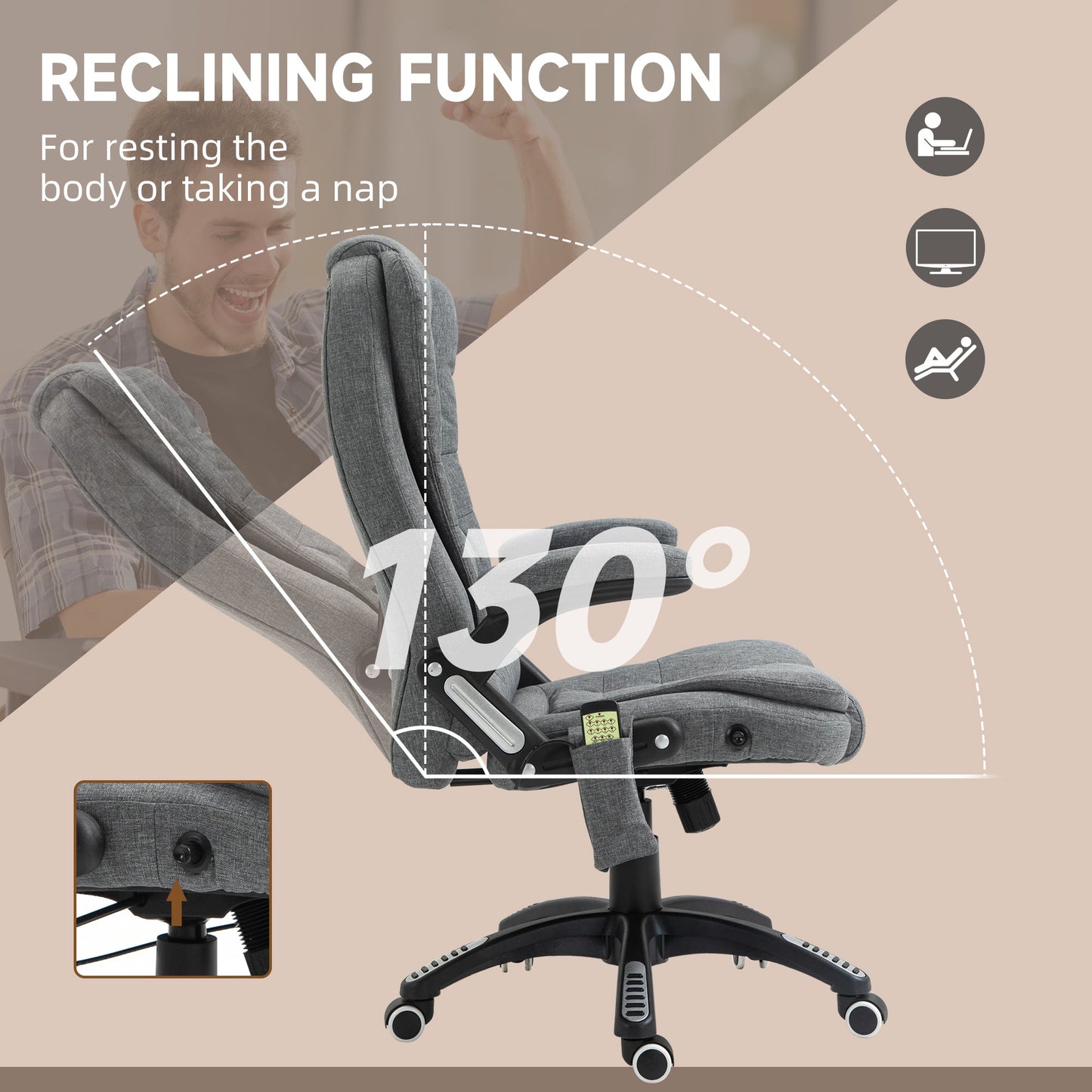 Vinsetto Massage Recliner Chair Heated Office Chair with Six Massage Points Linen-Feel Fabric 360Â° Swivel Wheels Grey