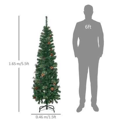 HOMCOM 5.5FT Tall Pencil Slim Artificial Christmas Tree with Realistic Branches, 412 Tip Count and 21 Pine Cones, Green