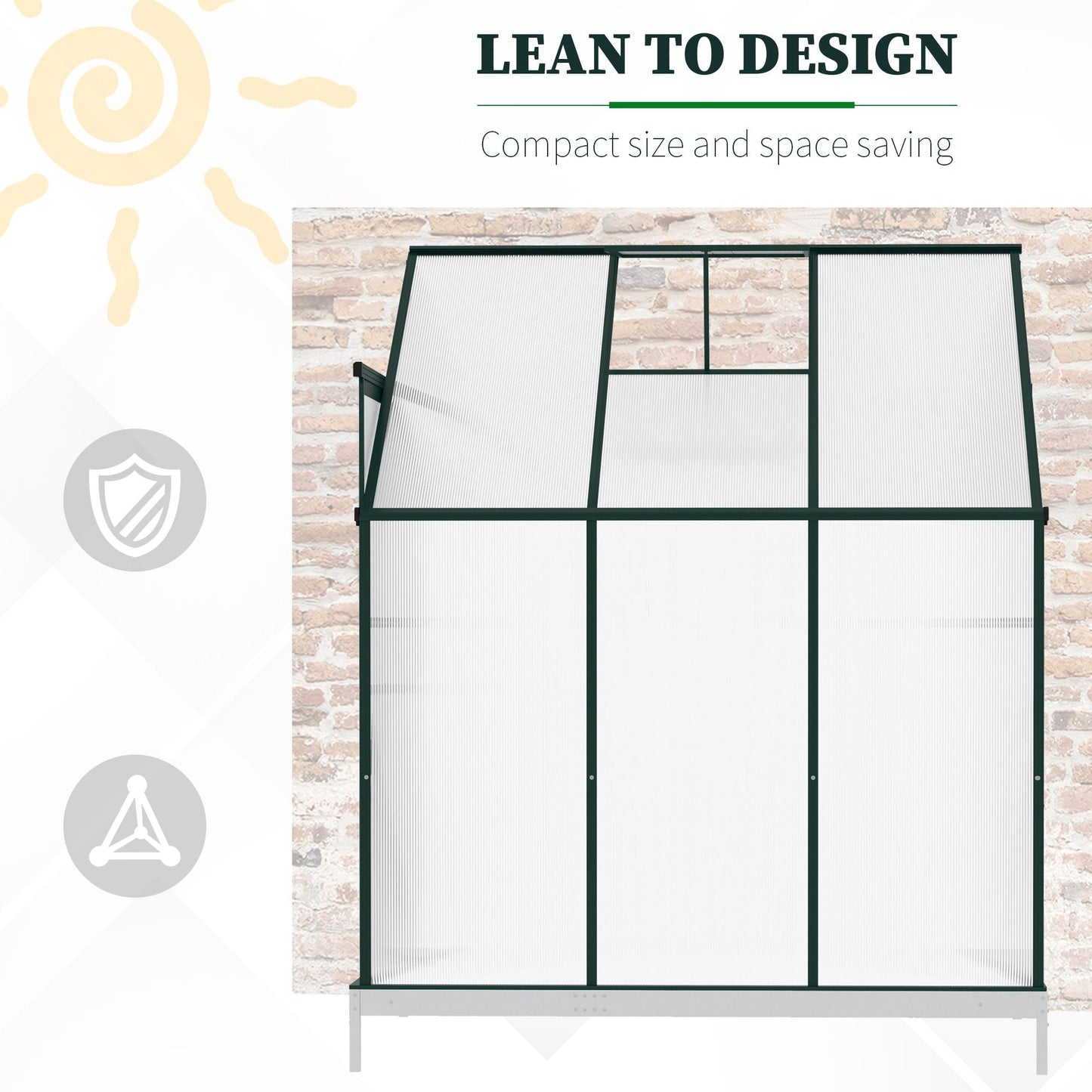 Walk-In Lean to Greenhouse Garden Heavy Duty Aluminium Polycarbonate with Roof Vent for Plants Herbs Vegetables, Green, 192 x 127 x 220 cm