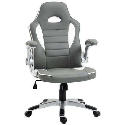 PU Leather Gaming Chair, Height Adjustable with Tilt Function and Flip Up Armrests - Grey