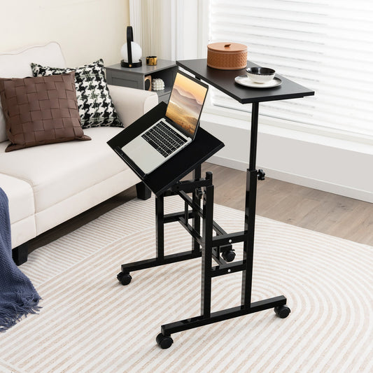 2-Tier Adjustable Standing Desk on Wheels-Black