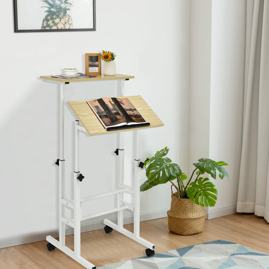 2-Tier Adjustable Standing Desk on Wheels-Natural