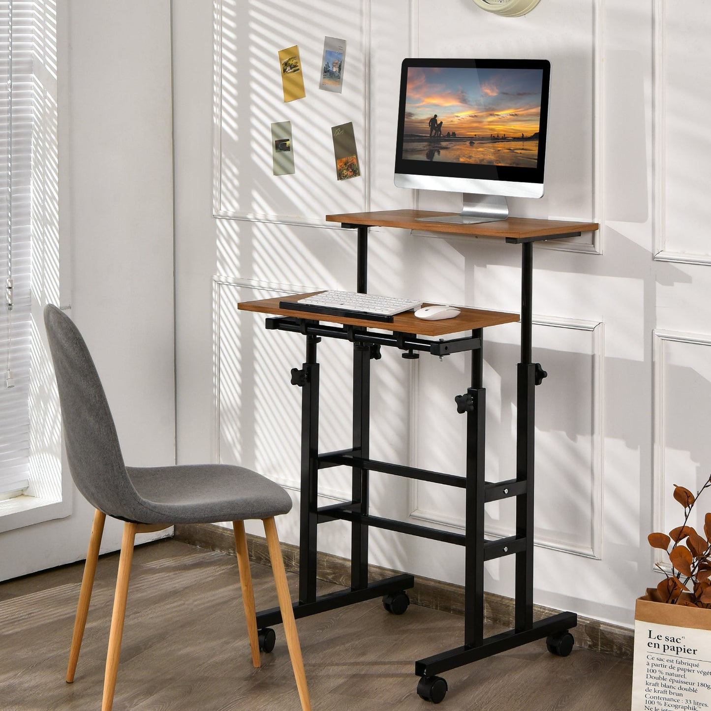 2-Tier Adjustable Standing Desk on Wheels-Walnut