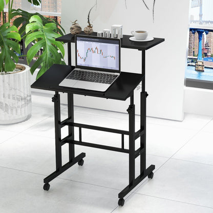 2-Tier Adjustable Standing Desk on Wheels-Black