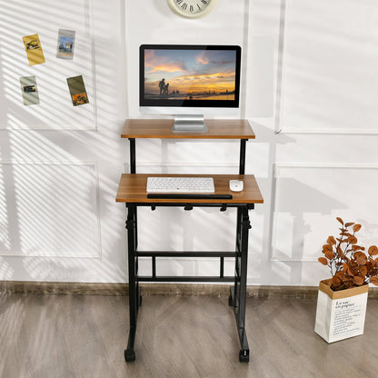2-Tier Adjustable Standing Desk on Wheels-Walnut