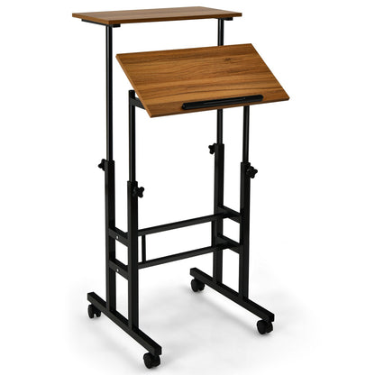 2-Tier Adjustable Standing Desk on Wheels-Walnut