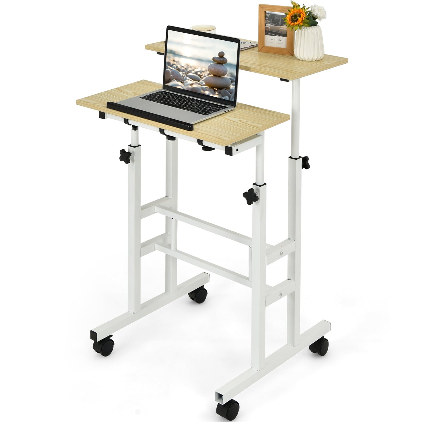 2-Tier Adjustable Standing Desk on Wheels-Natural