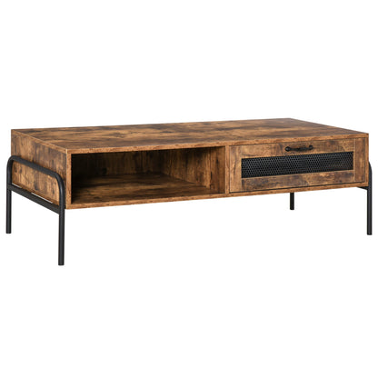 HOMCOM Industrial Coffee Table with Drawer and Open Storage Compartment, Metal Legs, for Living Room, Rustic Brown