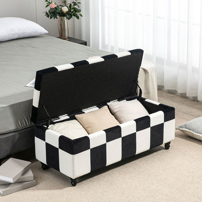 114 x 47 x 47cm Velvet Storage Ottoman, Button-tufted Footstool Box, Toy Chest with Lid for Living Room, Bedroom, White and Black