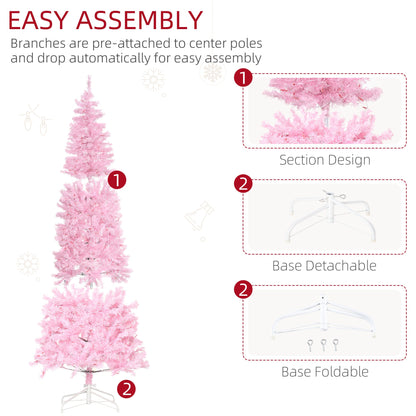 HOMCOM 6FT Tall Prelit Pencil Slim Artificial Christmas Tree with Realistic Branches, Warm White LED Lights and Tips, Xmas Decoration, Pink