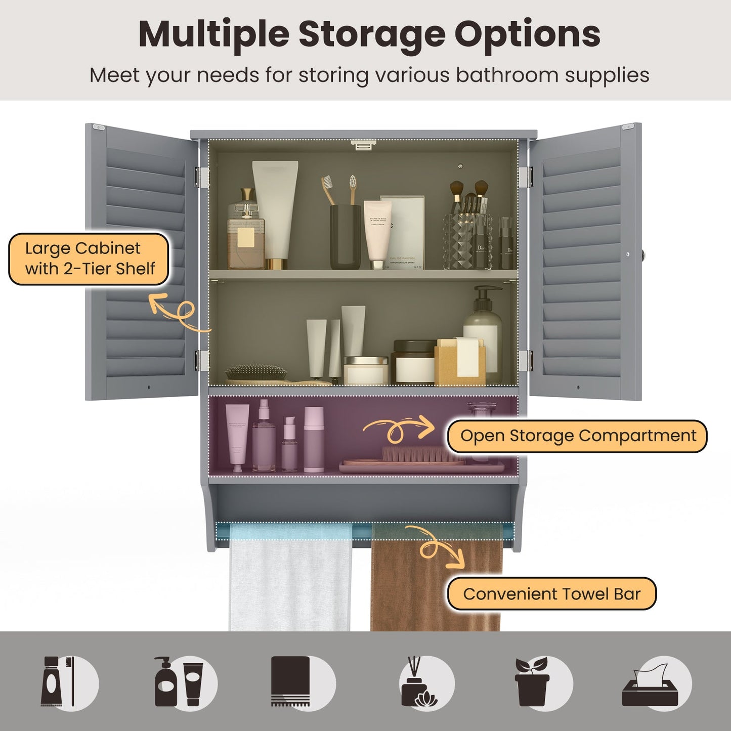 Bathroom Wall Cabinet with 2 Doors and 3-Position Adjustable Shelf-Grey