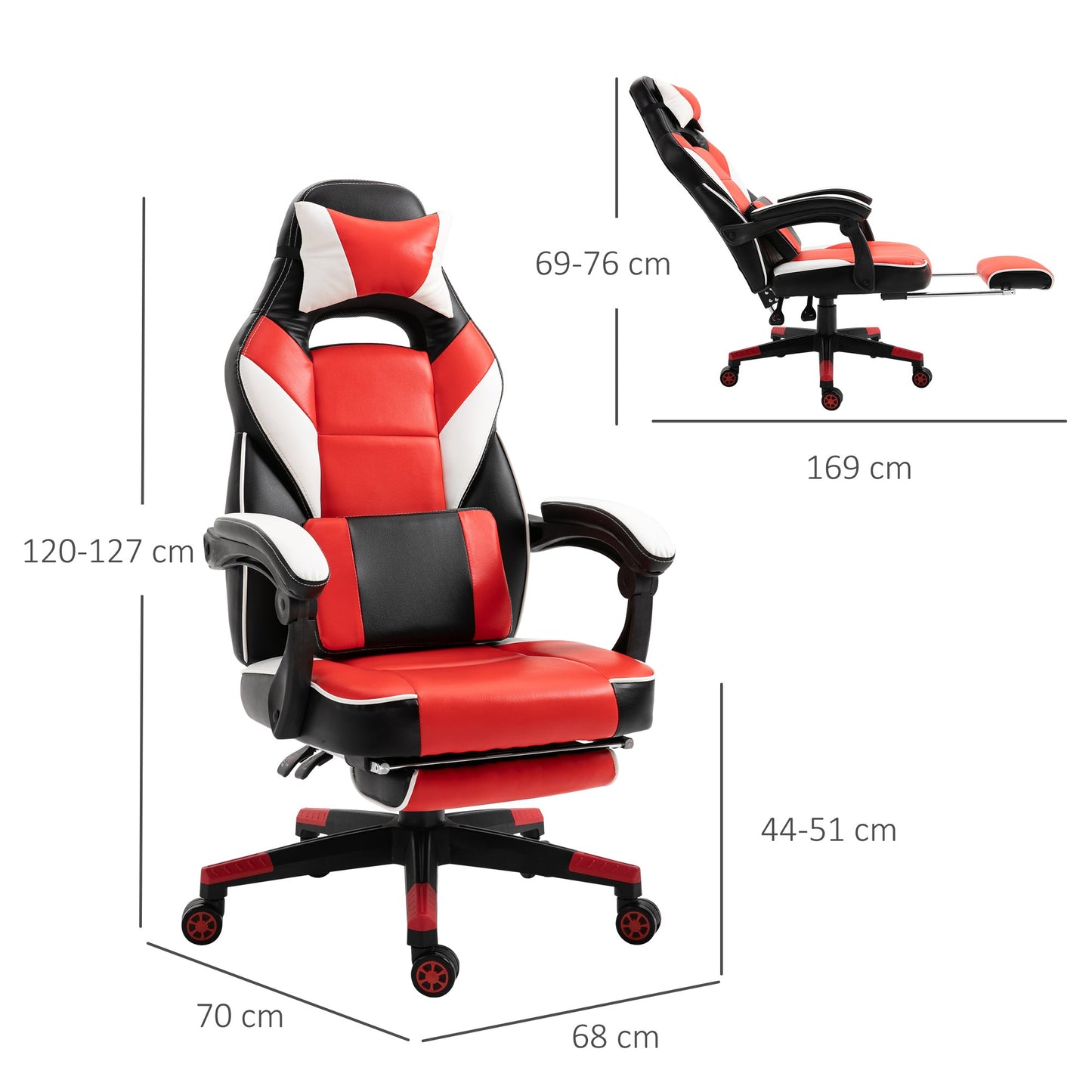 Vinsetto Cool & Stylish Gaming Chair Ergonomic Recliner w/ Thick Padding Footrest Neck & Back Pillow 5 Wheels Racing Swivel Height Adjustable Home Office Red