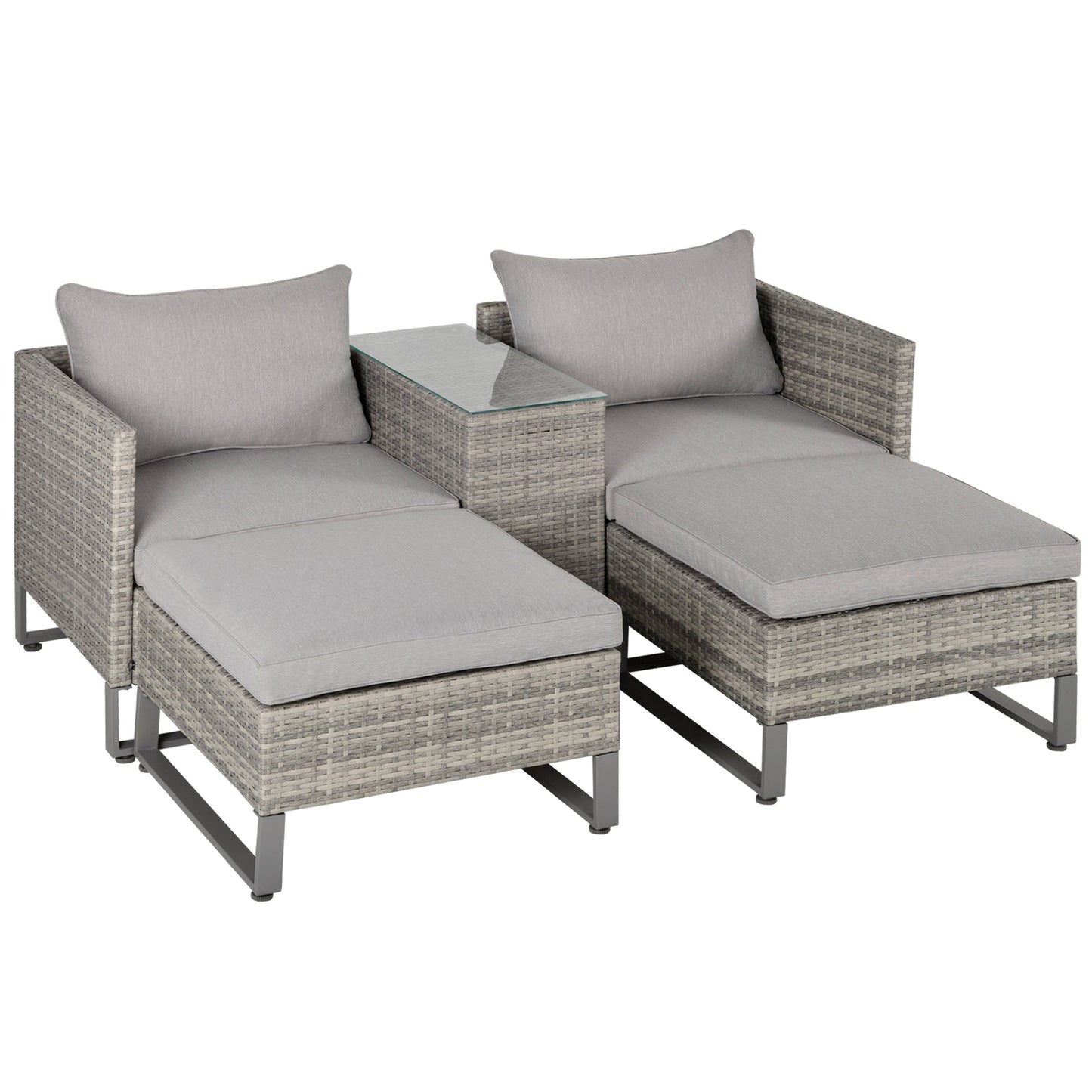 Outsunny 2 Seater Rattan Wicker Sofa Lounge Set with Coffee Table & Footstools - Grey