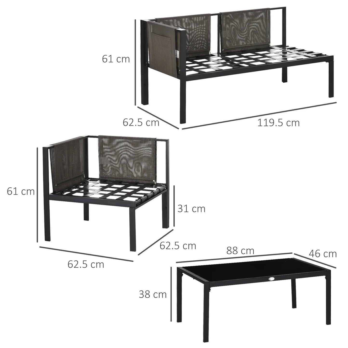 4 Piece Metal Garden Furniture Set with Tempered Glass Coffee Table, Breathable Mesh Pocket