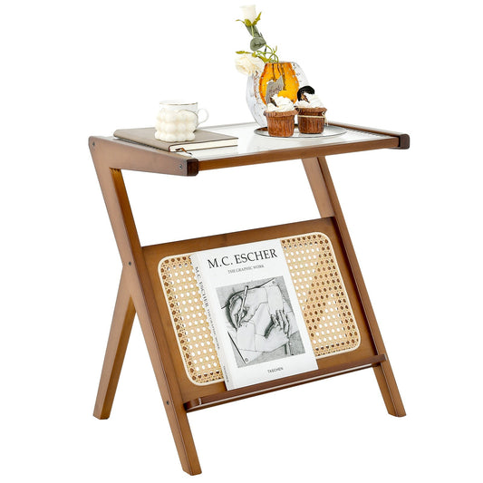 Bamboo Accent Bedside Table with Tempered Glass Top-Brown