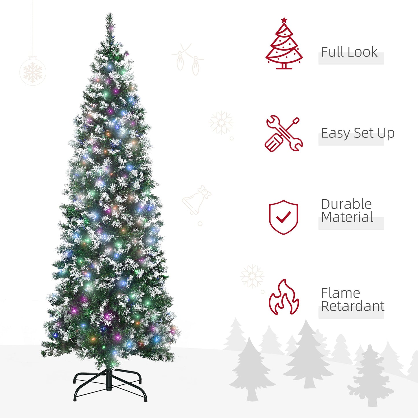 HOMCOM 6FT Tall Prelit Pencil Slim Artificial Christmas Tree with Realistic Branches, 300 Colourful LED Lights and 618 Tips, Xmas Decoration, Green