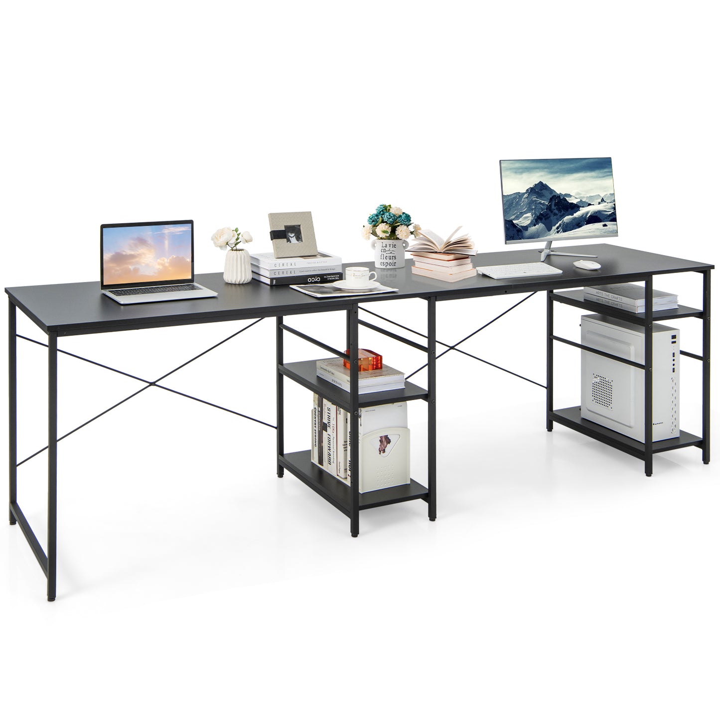 Wooden Industrial L-Shaped Desk with Storage Shelves-Black