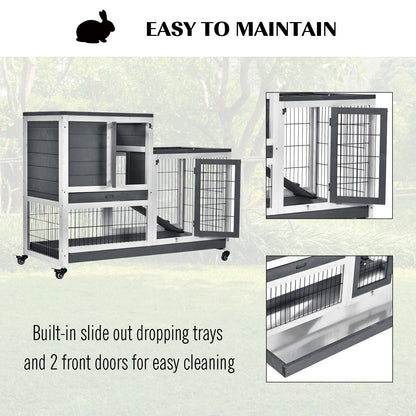 PawHut Wooden Indoor Rabbit Hutch Guinea Pig House Bunny Small Animal Cage W/ Wheels Enclosed Run 110 x 50 x 86 cm, Grey
