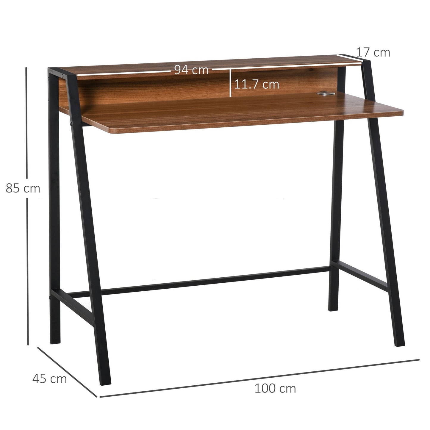 Writing Desk Computer Table PC Laptop Workstation with Storage Shelf and Steel Frame, for Living Room, Dining Room, Office, Dorm, Black and Walnut Tone Metal