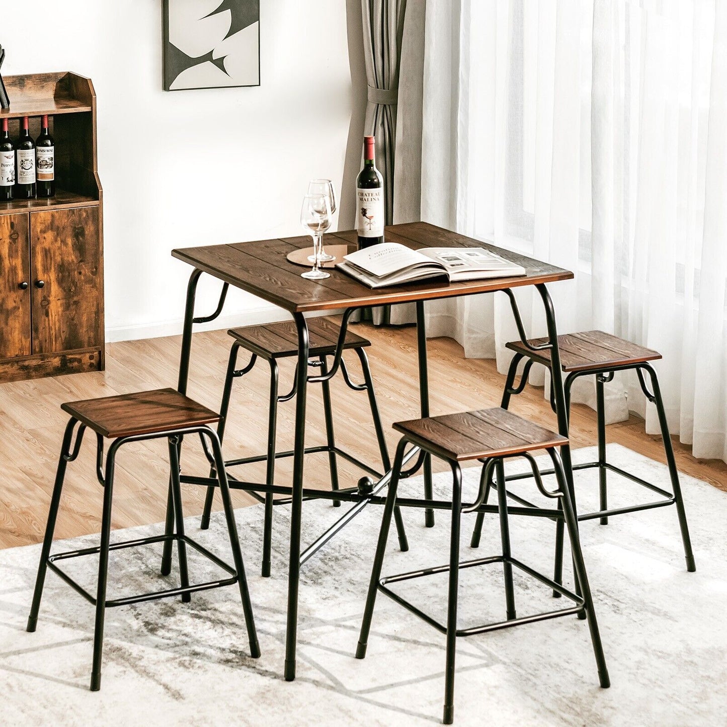 5 Piece Bar Table Set with Counter Height Backless Stools-Rustic Brown