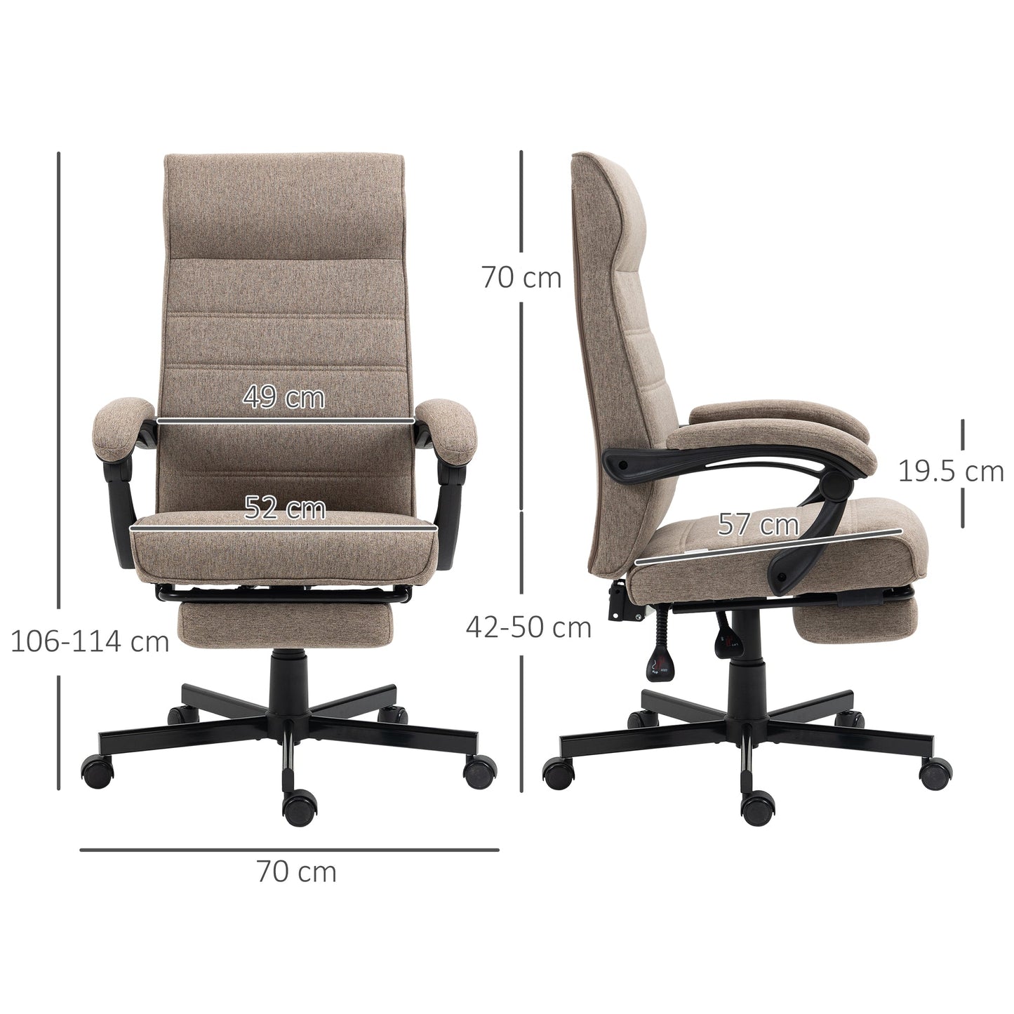 Vinsetto High-Back Home Office Chair, Linen Swivel Reclining Chair with Adjustable Height, Footrest and Padded Armrest for Living Room, Study, Brown