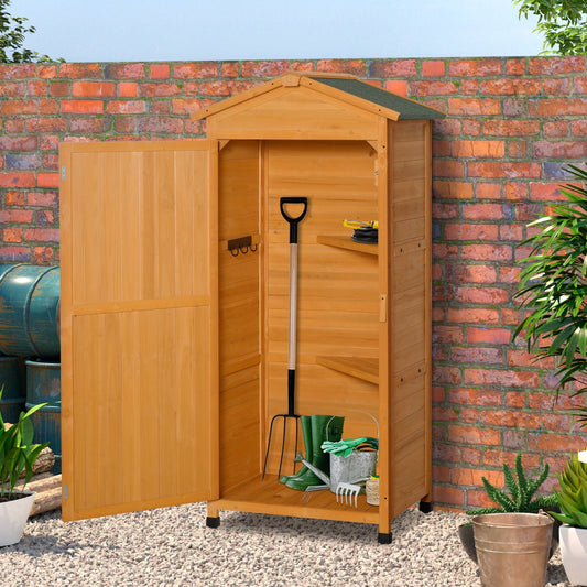 Wooden Garden Cabinet 3-Tier Storage Shed 2 Shelves Lockable Organizer with Hooks Foot Pad 74 x 55 x 155cm Dark Yellow Hook