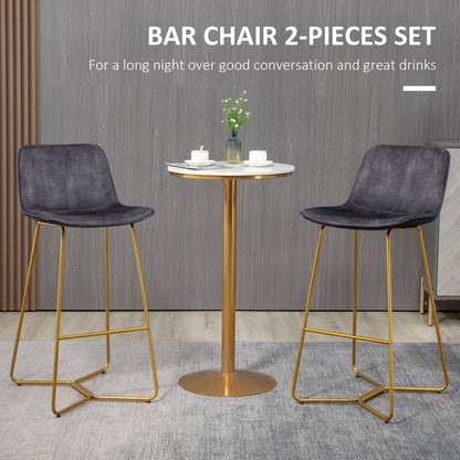 HOMCOM Bar Stools, Set of 2, Velvet-Touch Fabric Breakfast Bar Chairs with Footrest, Tall Kitchen Stools with Gold-Tone Metal Legs for Dining Area, Home Bar, Grey