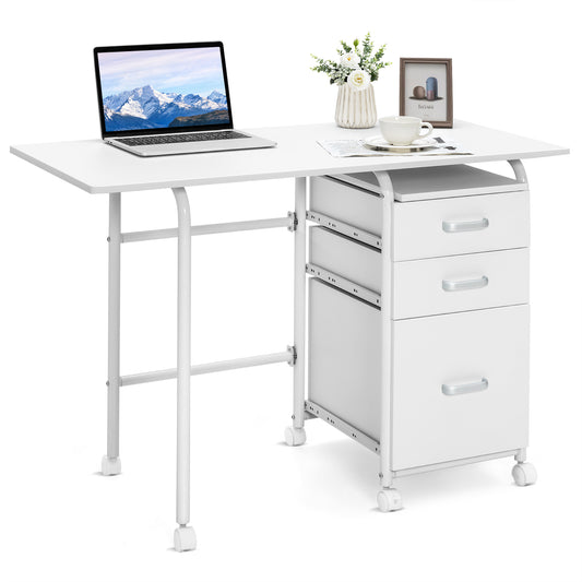 Folding Computer Desk with Rolling Wheels and 3 Drawers for Home Office-White
