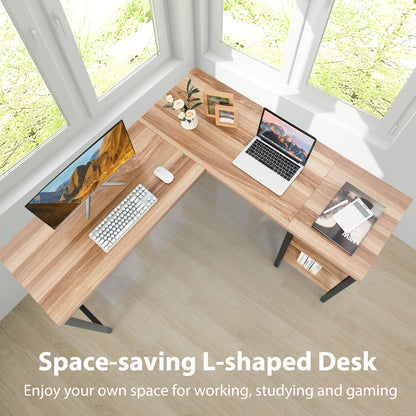150 x 140 x 75cm Large Corner L-Shaped Computer Desk with 3 Storage Shelves-Oak