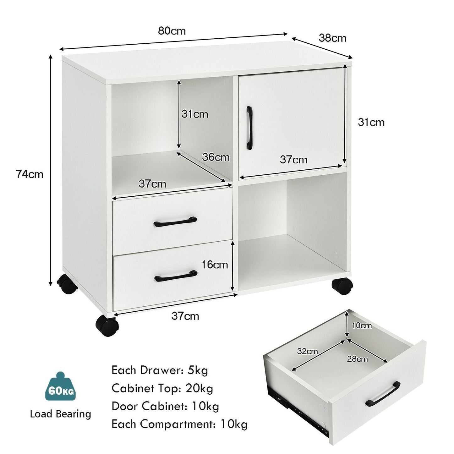 Home Office Mobile File Cabinet with 2 Drawers 2 Open Shelves and Door-White