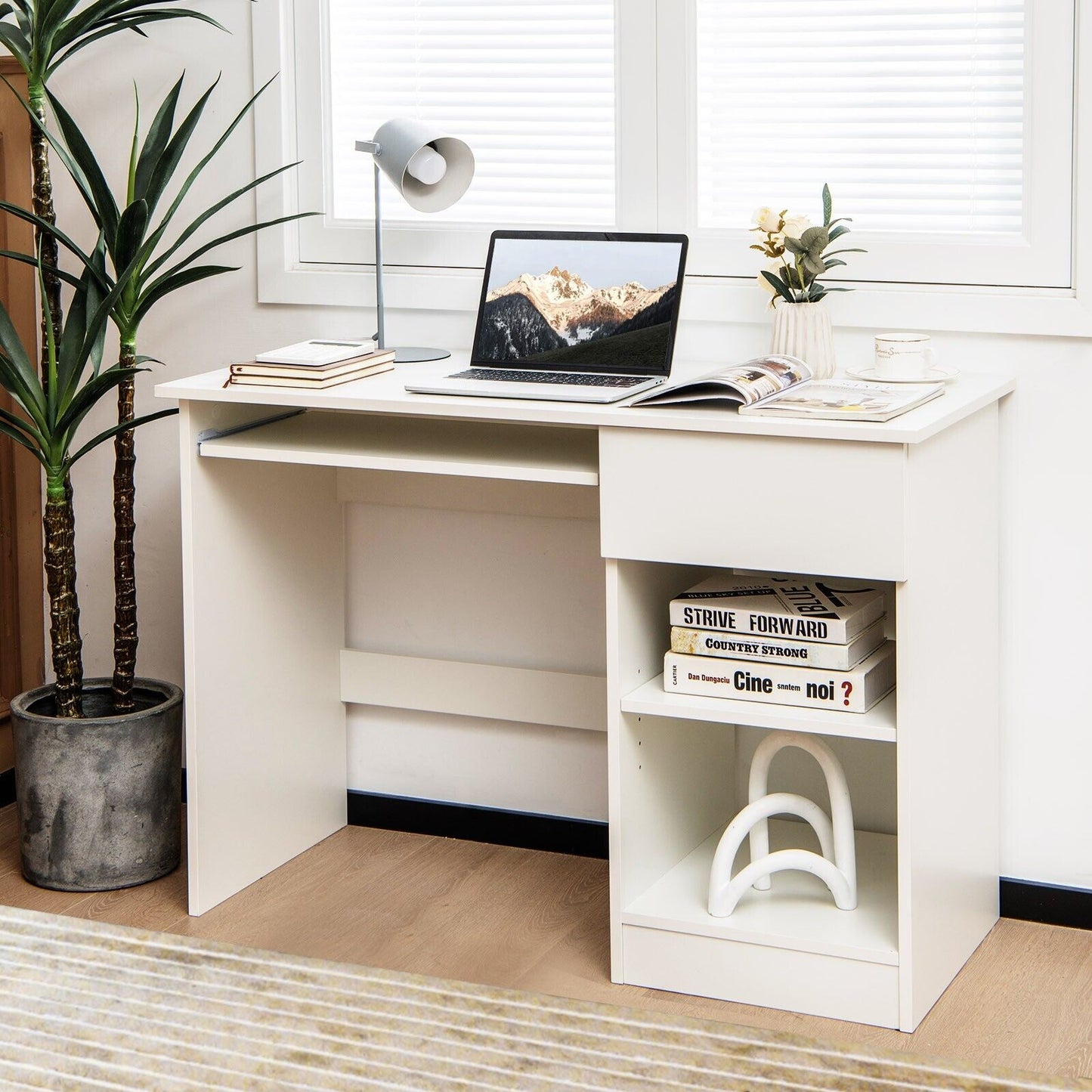 Modern Wooden Office Computer Desk with Keyboard Tray-White