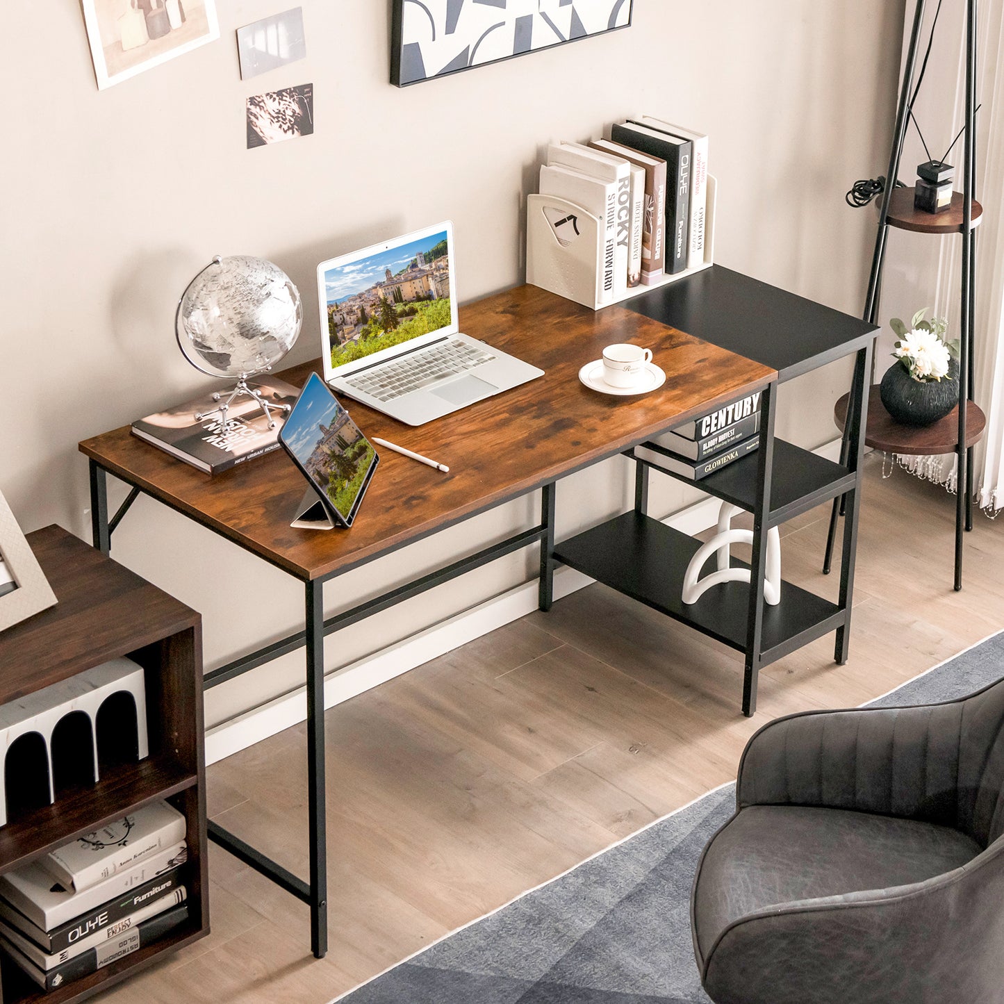 Modern Industrial Style Study Writing Desk with 2 Storage Shelves-Rustic Brown