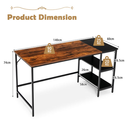 Modern Industrial Style Study Writing Desk with 2 Storage Shelves-Rustic Brown