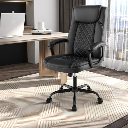 Swivel Office Chair with Padded Armrests and Rolling Metal Base-Black