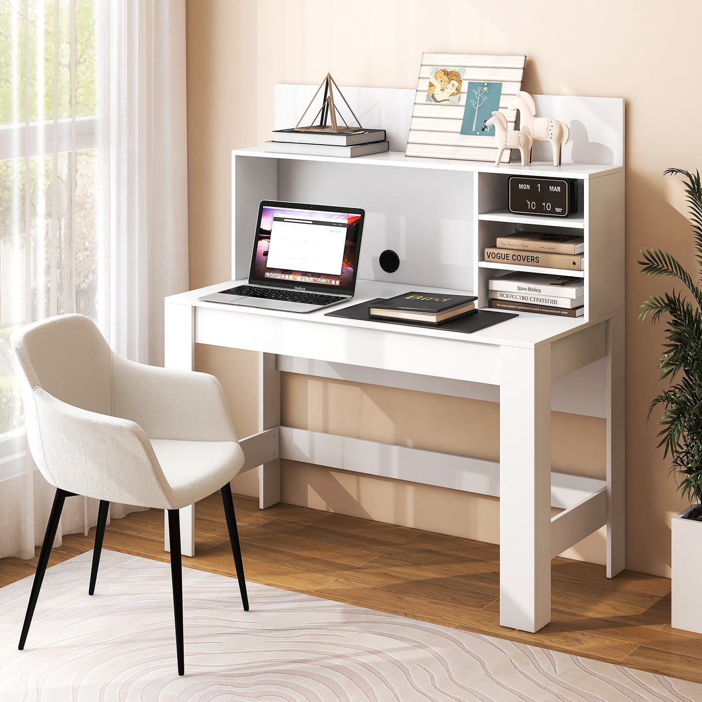 Computer Desk with Bookshelf and Anti-Tipping Kits-White